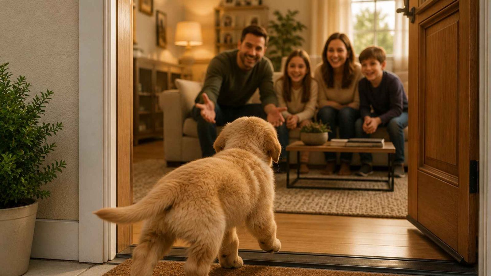 Cucciolo di Golden che corre verso la famiglia sul divano